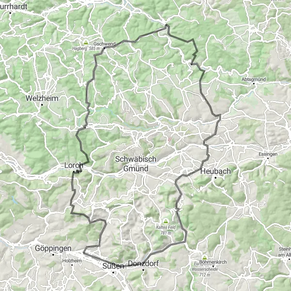 Map miniature of "The Lorch Loop" cycling inspiration in Stuttgart, Germany. Generated by Tarmacs.app cycling route planner