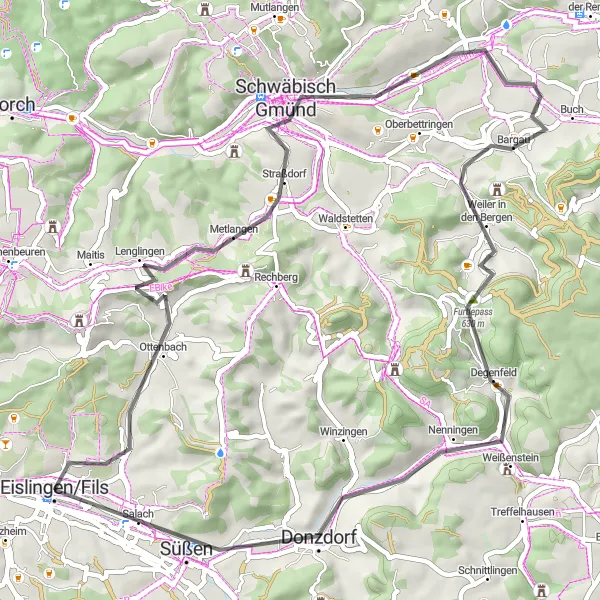 Karten-Miniaturansicht der Radinspiration "Rundtour durch Strut und Donzdorf" in Stuttgart, Germany. Erstellt vom Tarmacs.app-Routenplaner für Radtouren