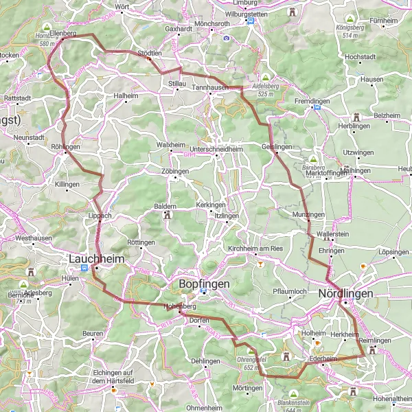 Map miniature of "Neckar and Danube Watershed" cycling inspiration in Stuttgart, Germany. Generated by Tarmacs.app cycling route planner