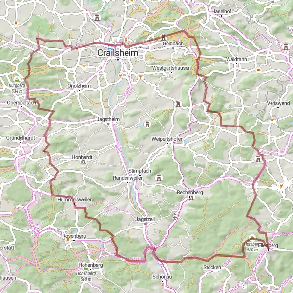 Map miniature of "Gravel Adventure: Hornberg and Oßhalden" cycling inspiration in Stuttgart, Germany. Generated by Tarmacs.app cycling route planner