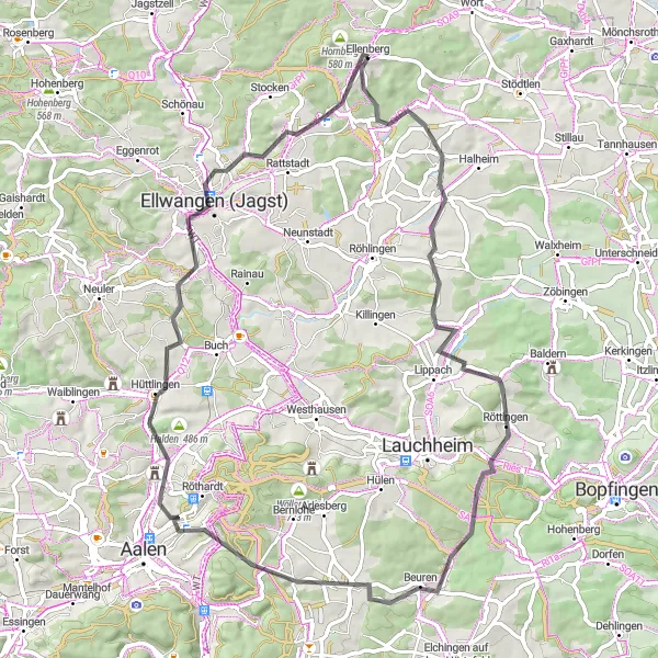 Map miniature of "Picturesque Routes and Hilltop Views" cycling inspiration in Stuttgart, Germany. Generated by Tarmacs.app cycling route planner