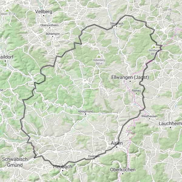 Map miniature of "A Journey through Kocher Valley" cycling inspiration in Stuttgart, Germany. Generated by Tarmacs.app cycling route planner