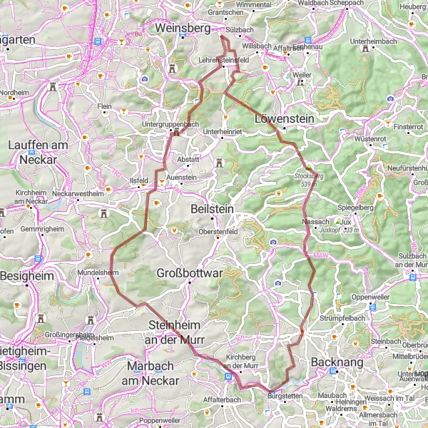 Map miniature of "Gravel Adventure through the Vineyards" cycling inspiration in Stuttgart, Germany. Generated by Tarmacs.app cycling route planner