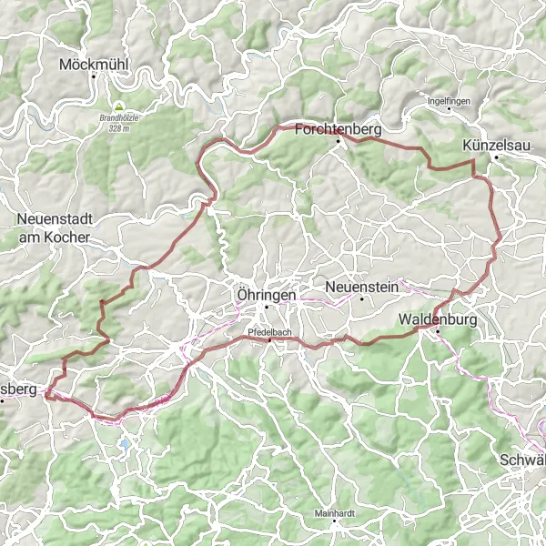 Map miniature of "Ellhofen to Salzberg and Schloss Affaltrach Gravel Route" cycling inspiration in Stuttgart, Germany. Generated by Tarmacs.app cycling route planner