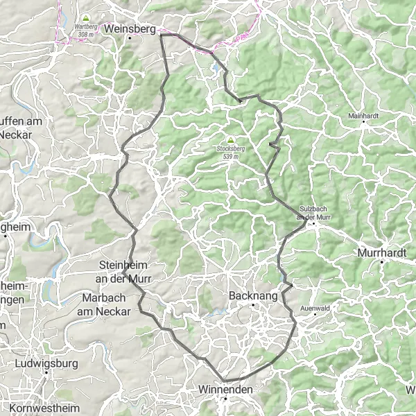 Map miniature of "Sulmtal Loop" cycling inspiration in Stuttgart, Germany. Generated by Tarmacs.app cycling route planner