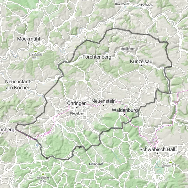 Map miniature of "Hills of Kocher" cycling inspiration in Stuttgart, Germany. Generated by Tarmacs.app cycling route planner