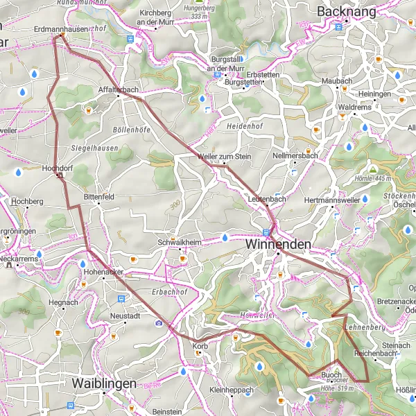 Karten-Miniaturansicht der Radinspiration "Gravel-Tour um Erdmannhausen" in Stuttgart, Germany. Erstellt vom Tarmacs.app-Routenplaner für Radtouren