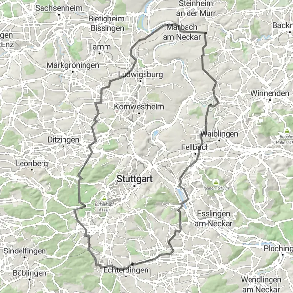 Karten-Miniaturansicht der Radinspiration "Rundkurs um Fellbach und Freiberg" in Stuttgart, Germany. Erstellt vom Tarmacs.app-Routenplaner für Radtouren