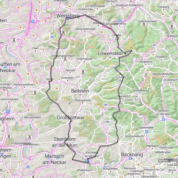 Karten-Miniaturansicht der Radinspiration "Tour durch Weinsberg und Kirchberg an der Murr" in Stuttgart, Germany. Erstellt vom Tarmacs.app-Routenplaner für Radtouren