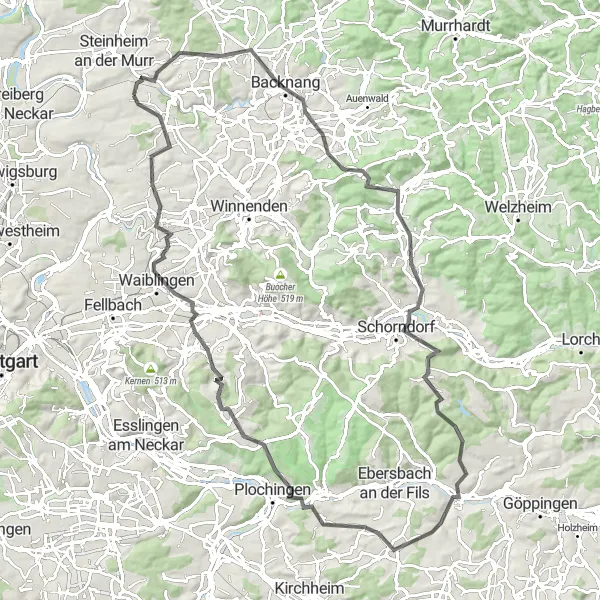 Karten-Miniaturansicht der Radinspiration "Tour durch Backnang und Waiblingen" in Stuttgart, Germany. Erstellt vom Tarmacs.app-Routenplaner für Radtouren