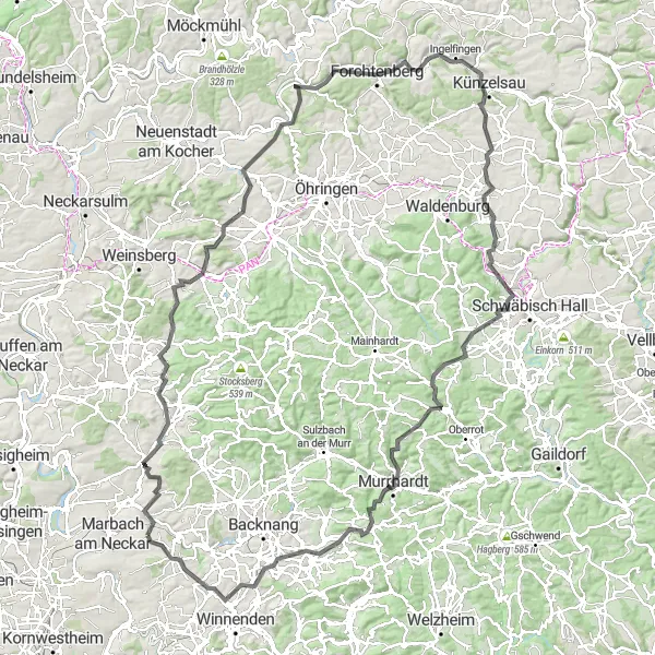 Karten-Miniaturansicht der Radinspiration "Tour durch Murrhardt und Umgebung" in Stuttgart, Germany. Erstellt vom Tarmacs.app-Routenplaner für Radtouren