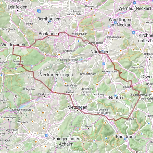 Karten-Miniaturansicht der Radinspiration "Abenteuer in Nürtingen" in Stuttgart, Germany. Erstellt vom Tarmacs.app-Routenplaner für Radtouren