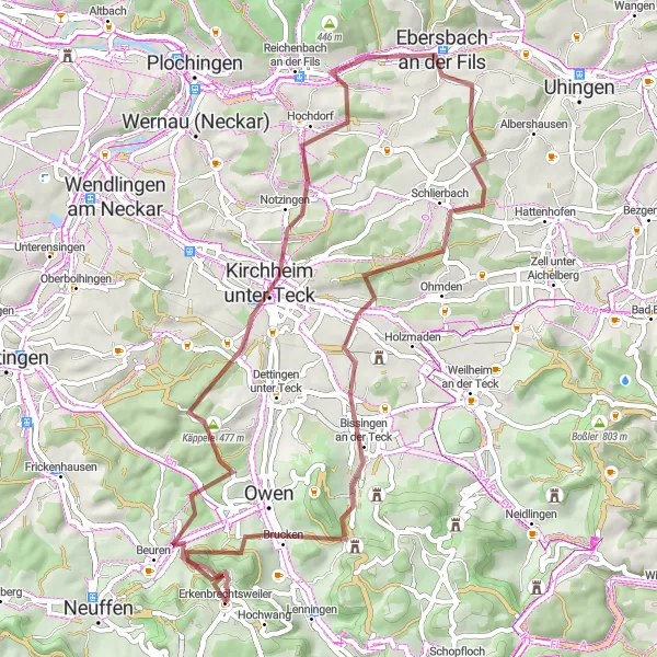 Karten-Miniaturansicht der Radinspiration "Entdeckungstour rund um Kirchheim unter Teck" in Stuttgart, Germany. Erstellt vom Tarmacs.app-Routenplaner für Radtouren