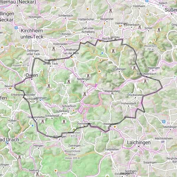Map miniature of "The Charming Countryside" cycling inspiration in Stuttgart, Germany. Generated by Tarmacs.app cycling route planner