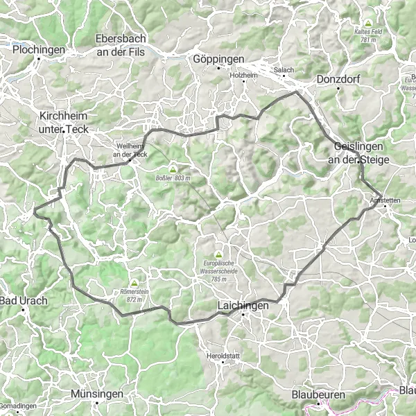 Karten-Miniaturansicht der Radinspiration "Rund um Geislingen an der Steige" in Stuttgart, Germany. Erstellt vom Tarmacs.app-Routenplaner für Radtouren