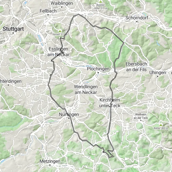 Map miniature of "Neckar Valley Road Trip" cycling inspiration in Stuttgart, Germany. Generated by Tarmacs.app cycling route planner