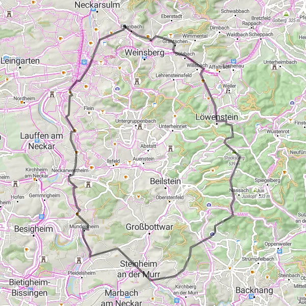 Karten-Miniaturansicht der Radinspiration "Weinberge und Flusstäler" in Stuttgart, Germany. Erstellt vom Tarmacs.app-Routenplaner für Radtouren