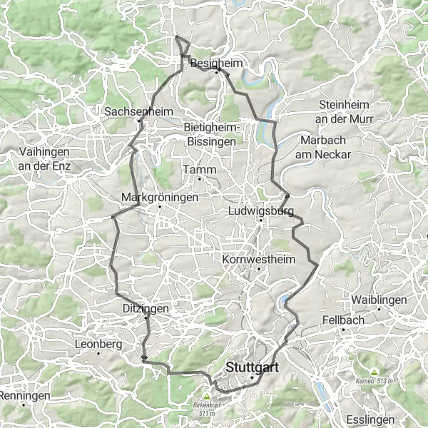Karten-Miniaturansicht der Radinspiration "Durch die Natur rund um Fellbach" in Stuttgart, Germany. Erstellt vom Tarmacs.app-Routenplaner für Radtouren