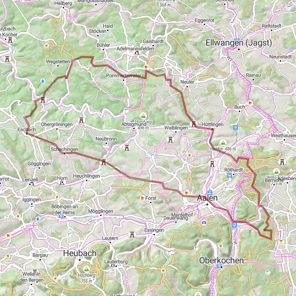Map miniature of "Off-Road Adventure in Swabian Countryside" cycling inspiration in Stuttgart, Germany. Generated by Tarmacs.app cycling route planner
