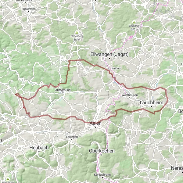 Map miniature of "The Gravel Adventure: Eschach to Aalen" cycling inspiration in Stuttgart, Germany. Generated by Tarmacs.app cycling route planner