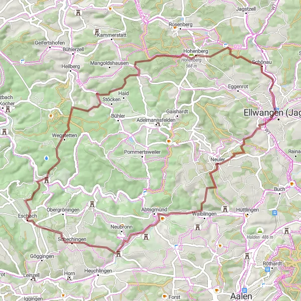 Map miniature of "The Jagst Valley Gravel Loop" cycling inspiration in Stuttgart, Germany. Generated by Tarmacs.app cycling route planner