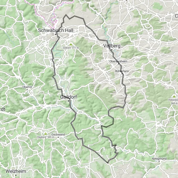 Map miniature of "Romantic Rides in the Swabian Valleys" cycling inspiration in Stuttgart, Germany. Generated by Tarmacs.app cycling route planner