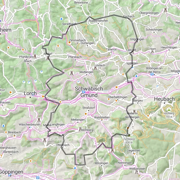 Map miniature of "The Road Cycling Adventure: Leinzell to Kemnaten" cycling inspiration in Stuttgart, Germany. Generated by Tarmacs.app cycling route planner