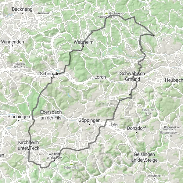 Karten-Miniaturansicht der Radinspiration "Herausfordernde Tour um Kirchheim unter Teck" in Stuttgart, Germany. Erstellt vom Tarmacs.app-Routenplaner für Radtouren