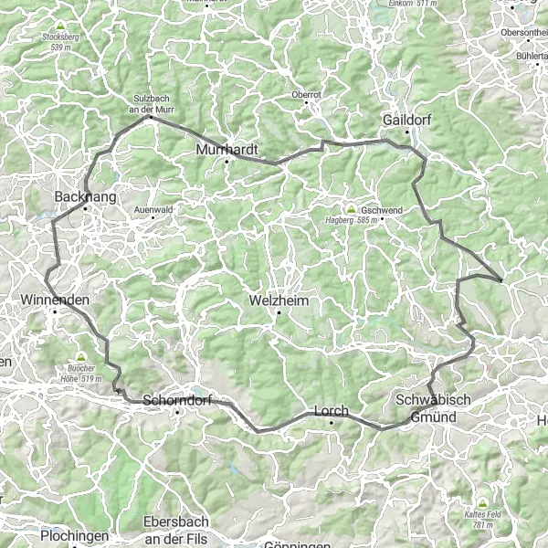 Karten-Miniaturansicht der Radinspiration "Rund um Schwäbisch Gmünd" in Stuttgart, Germany. Erstellt vom Tarmacs.app-Routenplaner für Radtouren