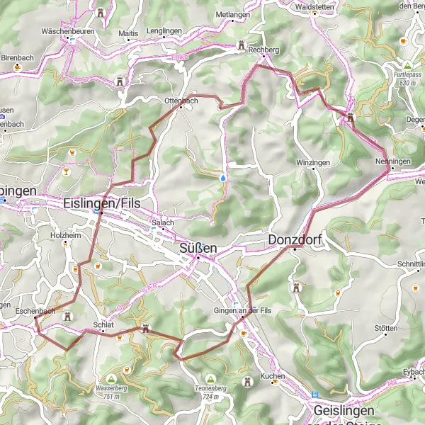 Map miniature of "Off-Road Adventure: Eschenbach to Ottenbach Loop" cycling inspiration in Stuttgart, Germany. Generated by Tarmacs.app cycling route planner