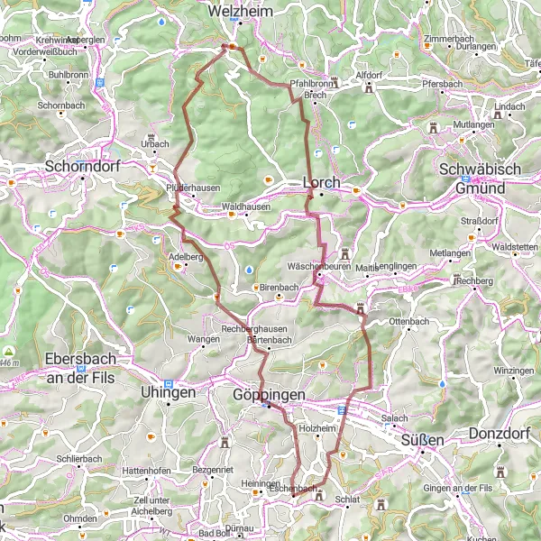Karten-Miniaturansicht der Radinspiration "Gravel-Tour nach Lorch und Eislingen/Fils" in Stuttgart, Germany. Erstellt vom Tarmacs.app-Routenplaner für Radtouren