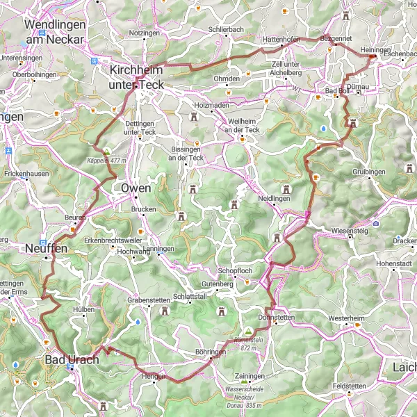 Map miniature of "Gravel Adventure - Bad Boll to Schopflenberg" cycling inspiration in Stuttgart, Germany. Generated by Tarmacs.app cycling route planner