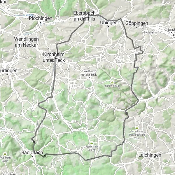 Map miniature of "The Wiesensteig Challenge - A Road Cycling Triumph" cycling inspiration in Stuttgart, Germany. Generated by Tarmacs.app cycling route planner