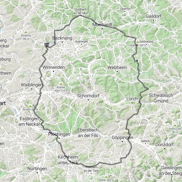 Map miniature of "Eschenbach to Sulzbach an der Murr Loop" cycling inspiration in Stuttgart, Germany. Generated by Tarmacs.app cycling route planner