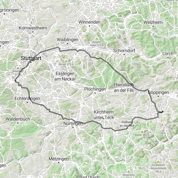 Map miniature of "Countryside Escape: Eschenbach to Heiningen Loop" cycling inspiration in Stuttgart, Germany. Generated by Tarmacs.app cycling route planner