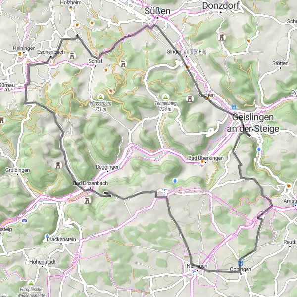 Map miniature of "Gingen an der Fils Loop" cycling inspiration in Stuttgart, Germany. Generated by Tarmacs.app cycling route planner