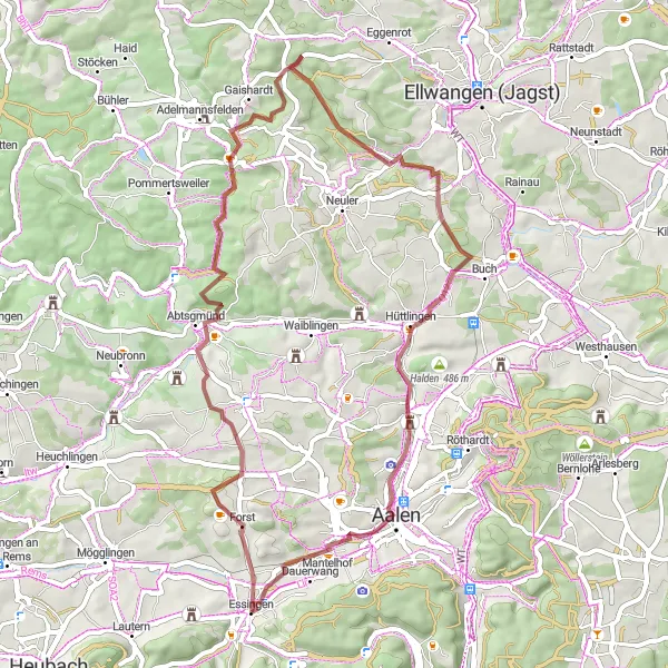 Karten-Miniaturansicht der Radinspiration "Gravelradroute um Essingen" in Stuttgart, Germany. Erstellt vom Tarmacs.app-Routenplaner für Radtouren