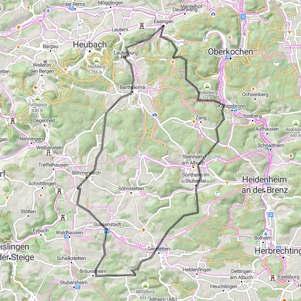 Karten-Miniaturansicht der Radinspiration "Von Königsbronn bis Bartholomä" in Stuttgart, Germany. Erstellt vom Tarmacs.app-Routenplaner für Radtouren