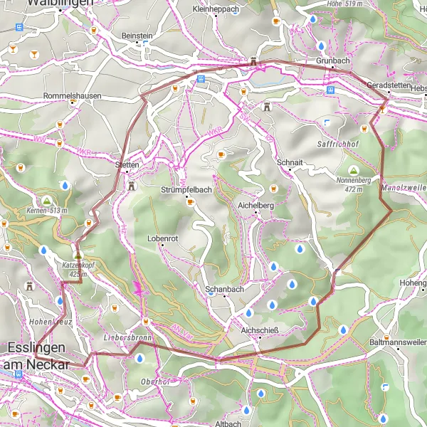 Map miniature of "Gravel Adventure" cycling inspiration in Stuttgart, Germany. Generated by Tarmacs.app cycling route planner