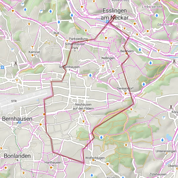 Map miniature of "Esslingen-Harthausen Gravel Loop" cycling inspiration in Stuttgart, Germany. Generated by Tarmacs.app cycling route planner