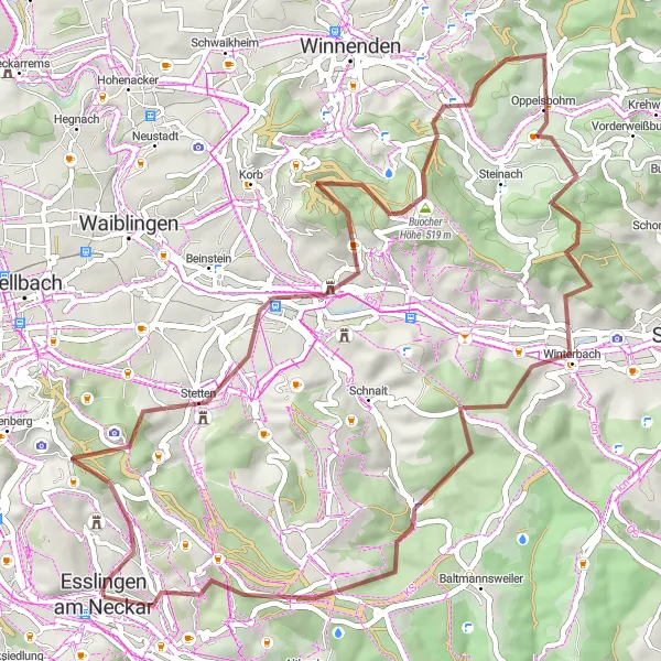 Karten-Miniaturansicht der Radinspiration "Bergauf-Bergab durchs Remstal" in Stuttgart, Germany. Erstellt vom Tarmacs.app-Routenplaner für Radtouren