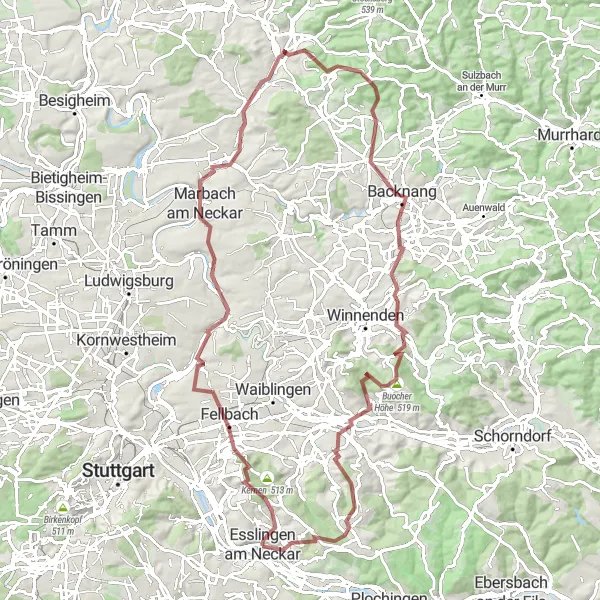 Map miniature of "Marbach-Rossberg Loop" cycling inspiration in Stuttgart, Germany. Generated by Tarmacs.app cycling route planner