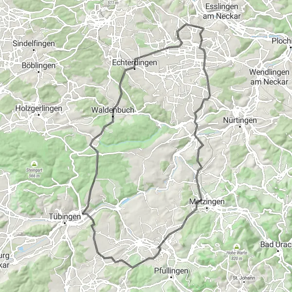 Map miniature of "Fildern Cycling Extravaganza" cycling inspiration in Stuttgart, Germany. Generated by Tarmacs.app cycling route planner