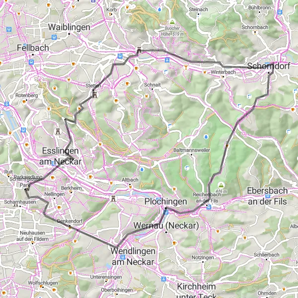 Map miniature of "Esslingen-Steinfelsen Road Loop" cycling inspiration in Stuttgart, Germany. Generated by Tarmacs.app cycling route planner