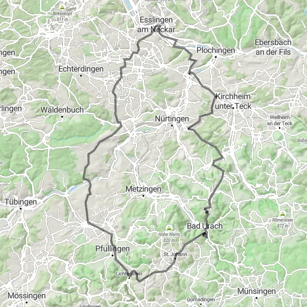 Map miniature of "Neckar Valley Adventure" cycling inspiration in Stuttgart, Germany. Generated by Tarmacs.app cycling route planner