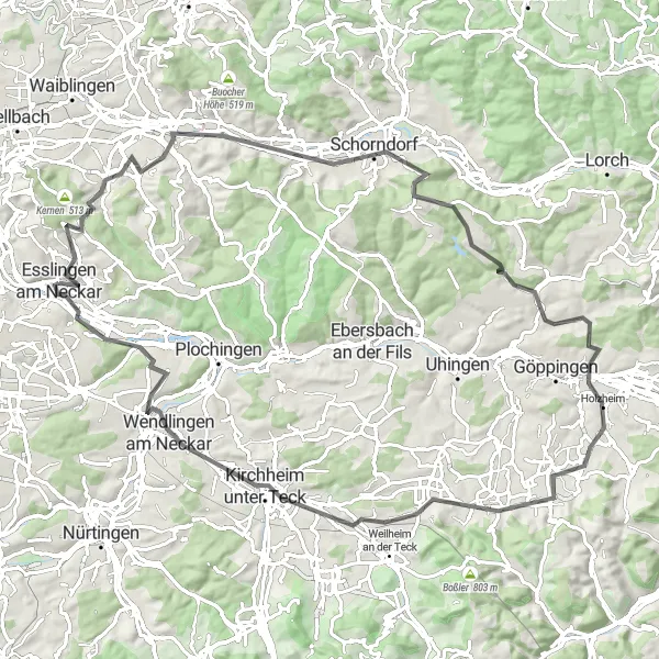 Map miniature of "Swabian Hilltops" cycling inspiration in Stuttgart, Germany. Generated by Tarmacs.app cycling route planner