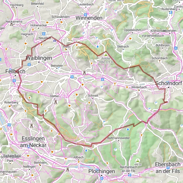 Karten-Miniaturansicht der Radinspiration "Gravel-Abenteuer rund um Fellbach" in Stuttgart, Germany. Erstellt vom Tarmacs.app-Routenplaner für Radtouren