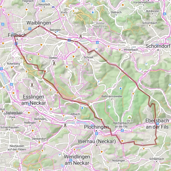 Karten-Miniaturansicht der Radinspiration "Graveltour von Fellbach nach Kernen und zurück" in Stuttgart, Germany. Erstellt vom Tarmacs.app-Routenplaner für Radtouren
