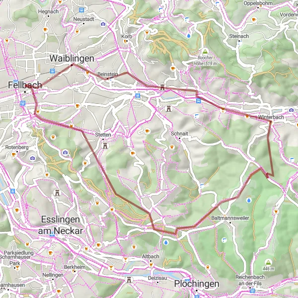 Karten-Miniaturansicht der Radinspiration "Rundweg ab Fellbach durch Winterbach und Hohengehren" in Stuttgart, Germany. Erstellt vom Tarmacs.app-Routenplaner für Radtouren