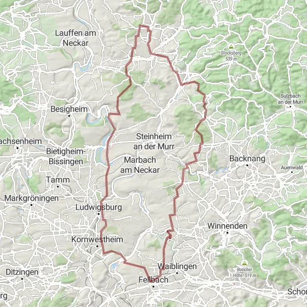 Map miniature of "Kornwestheim Gravel Adventure" cycling inspiration in Stuttgart, Germany. Generated by Tarmacs.app cycling route planner